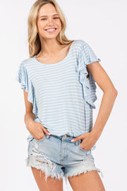 Light Blue Striped Ruffle Sleeve Top