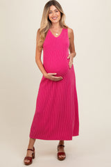 Fuchsia Sleeveless Ribbed Maternity Maxi Dress