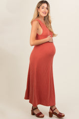 Rust Sleeveless Ribbed Maternity Maxi Dress