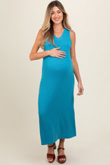 Blue Sleeveless Ribbed Maternity Maxi Dress