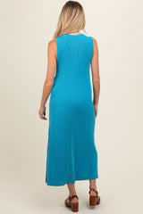 Blue Sleeveless Ribbed Maternity Maxi Dress