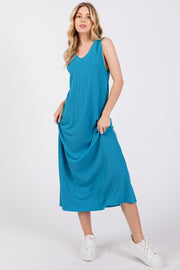 Blue Sleeveless Ribbed Maxi Dress