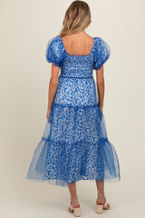 Blue Floral Lined Smocked Tulle Maternity Midi Dress