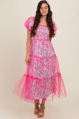 Magenta Floral Lined Smocked Tulle Midi Dress