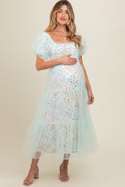 Mint Green Floral Lined Smocked Tulle Maternity Midi Dress