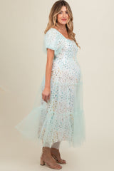 Mint Green Floral Lined Smocked Tulle Maternity Midi Dress