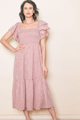 Mauve Floral Flutter Sleeve Tiered Maternity Dress