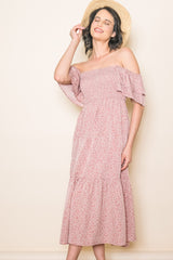 Mauve Floral Flutter Sleeve Tiered Dress