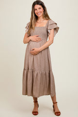 Mocha Floral Flutter Sleeve Tiered Maternity Dress