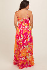 Fuchsia Abstract Floral Front Tie Maternity Maxi Dress