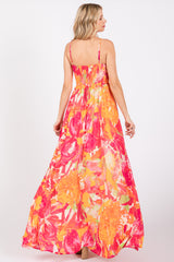 Fuchsia Abstract Floral Front Tie Maxi Dress