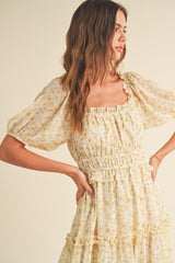 Cream Yellow Floral Print Ruffle Trim Midi Dress