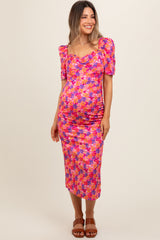 Fuchsia Floral Ruffle Sweetheart Fitted Maternity Midi Dress