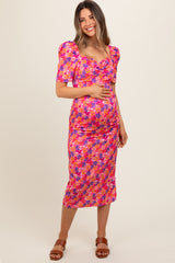 Fuchsia Floral Ruffle Sweetheart Fitted Maternity Midi Dress