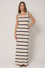 Navy Blue Striped Sleeveless Knit Maxi Dress