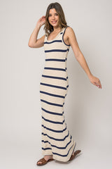 Navy Blue Striped Sleeveless Knit Maxi Dress