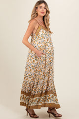 Cream Floral Border Print Lace Up Back Maternity Maxi Dress