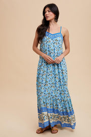 Blue Floral Border Print Lace Up Back Maxi Dress