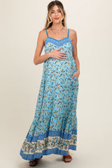 Blue Floral Border Print Lace Up Back Maternity Maxi Dress