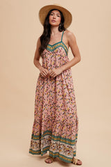 Pink Floral Border Print Lace Up Back Maternity Maxi Dress