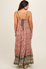 Pink Floral Border Print Lace Up Back Maternity Maxi Dress