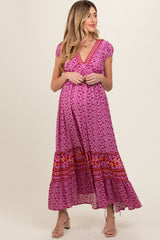 Magenta Floral Border Print Ruffle Maternity Maxi Dress