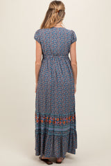 Navy Blue Border Print Ruffle Maternity Maxi Dress