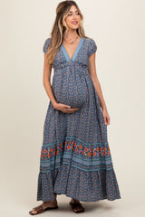 Navy Blue Border Print Ruffle Maternity Maxi Dress