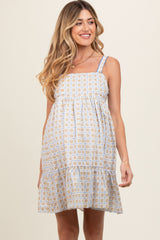 Blue Floral Print Sleeveless Ruffle Hem Maternity Mini Dress