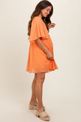 Orange Square Neck Pleated Flutter Short Sleeve Maternity Dress