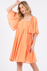 Orange Square Neck Pleated Flutter Short Sleeve Dress