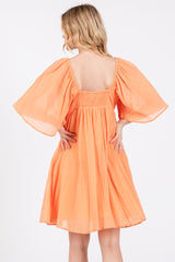 Orange Square Neck Pleated Flutter Short Sleeve Dress