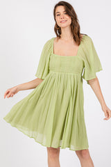 Green Square Neck Pleated Flutter Short Sleeve Dress