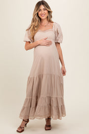 Beige Lace Insert Maternity Maxi Dress