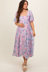 Lavender Floral Square Neck Short Puff Sleeve Lace-Up Back Maternity Midi Dress