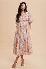 Peach Floral Square Neck Short Puff Sleeve Lace-Up Back Midi Dress