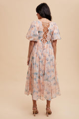 Peach Floral Square Neck Short Puff Sleeve Lace-Up Back Midi Dress