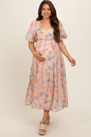 Peach Floral Square Neck Short Puff Sleeve Lace-Up Back Maternity Midi Dress