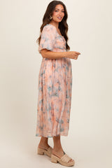 Peach Floral Square Neck Short Puff Sleeve Lace-Up Back Maternity Midi Dress