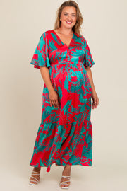 Red Satin Palm Print Button Front Maternity Plus Maxi Dress