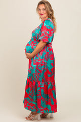 Red Satin Palm Print Button Front Maternity Plus Maxi Dress