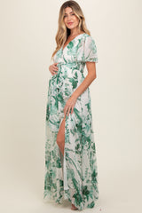 Forest Green Floral Side Slit Maternity Wrap Maxi Dress