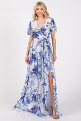 Blue Floral Side Slit Wrap Maxi Dress