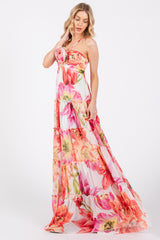 Pink Floral Top Accent Tiered Maxi Dress