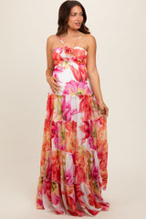 Pink Floral Top Accent Tiered Maternity Maxi Dress