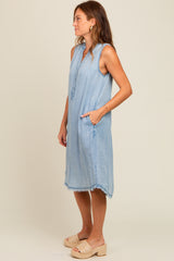 Light Blue Chambray Button Up Fringe Sleeveless Dress