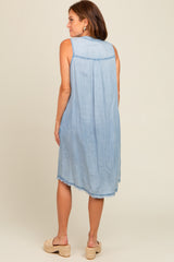 Light Blue Chambray Button Up Fringe Sleeveless Dress