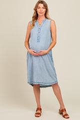 Light Blue Chambray Button Up Fringe Sleeveless Maternity Dress