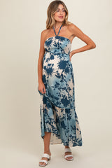 Blue Floral Smocked Halter Maternity Maxi Dress