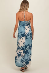 Blue Floral Smocked Halter Maternity Maxi Dress